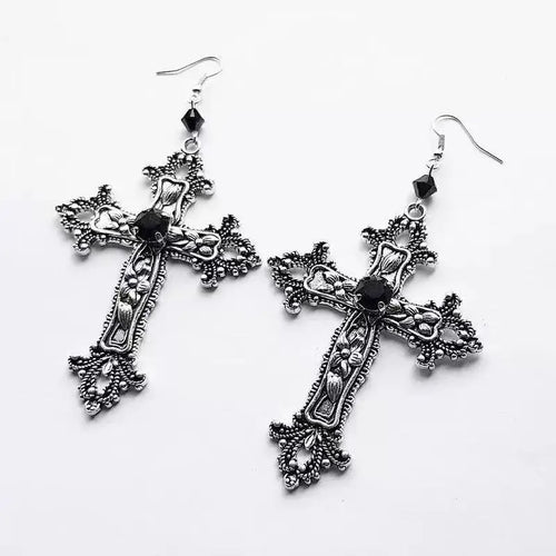 Punk Dazzle Goth detail Crucifix Black Zircon Jewelry Earrings Silver
