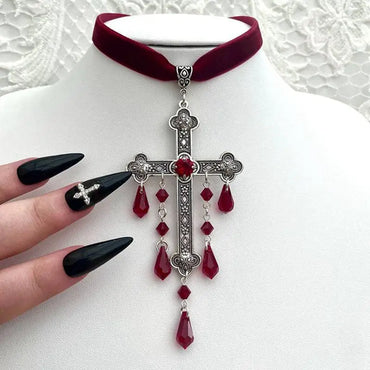 Punk Large Cross Choker Necklace for Women Vintage Red Goth Gothic