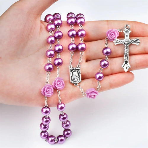 6MM Pink Rosary Necklace For Women Rose Glass Beads Chain Crucifix