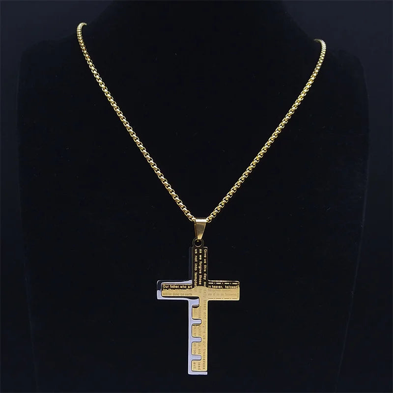 Cross Christian Church Prayer Necklace Men Stainless Steel Gold Color