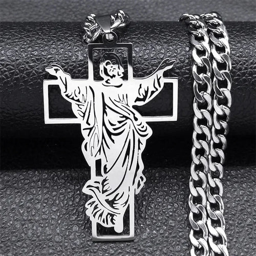 Hip Hop Punk Crown of Thorns Jesus Cross Necklace for Men Stainless