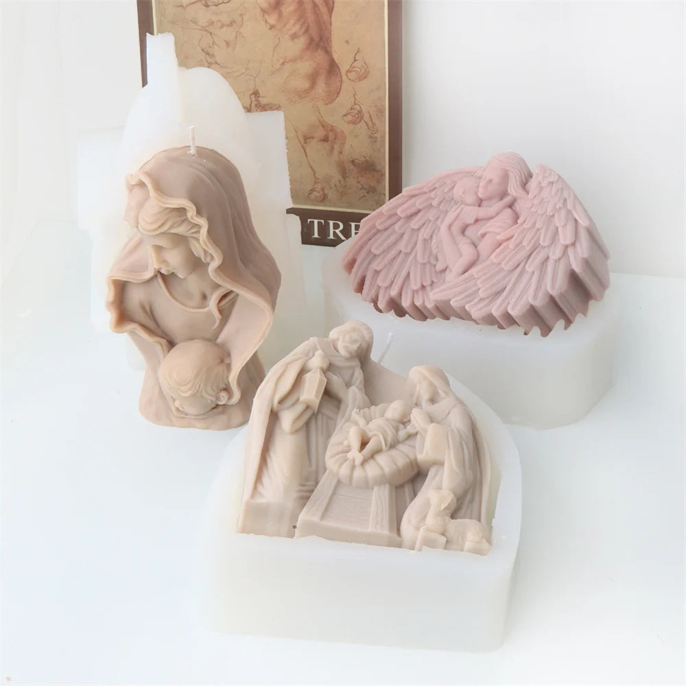 Flat Catholic Holy Jesus Family Mary Hugs Child Statue Silicone Candle