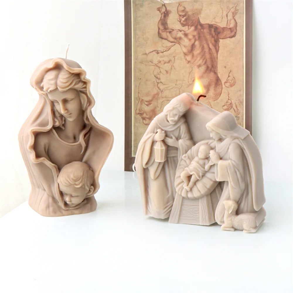 Flat Catholic Holy Jesus Family Mary Hugs Child Statue Silicone Candle