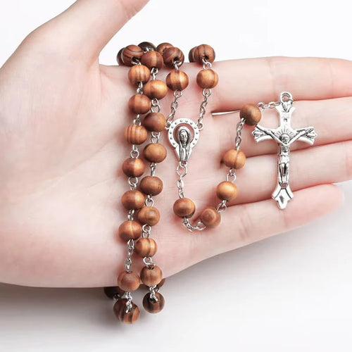 8MM Wood Rosary Beads Necklace For Women Men Catholic Jesus Christ