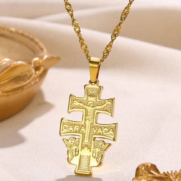 Gold Color Cross Necklace For Women Men Caravaca Angels Crucifix Charm