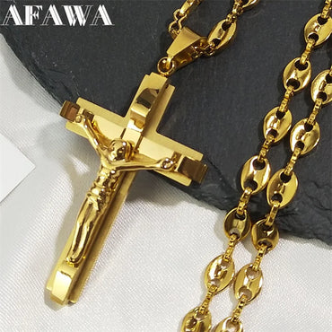 Jesus Cross Crucifix Pendant Necklace for Men Stainless Steel Gold