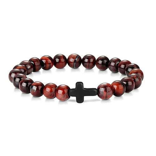 Prayer Men Natural Stone Wood Beads Rosary Hematite Cross Bracelets