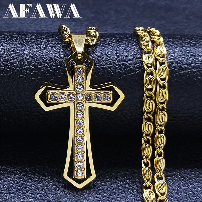 Catholic Cross Amulet Crystal Pendant Men Chain Necklace Gold Color