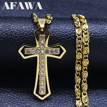 Catholic Cross Amulet Crystal Pendant Men Chain Necklace Gold Color
