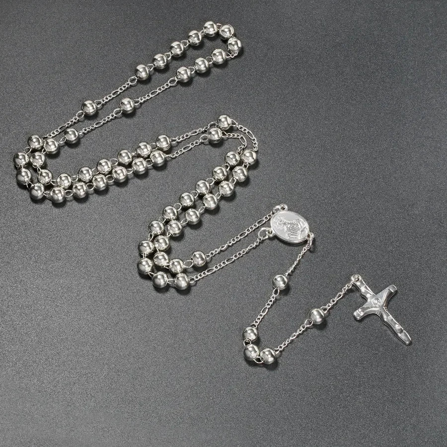 6MM Metal Beads Rosary Necklaces For Women Men Long Chain Crucifix