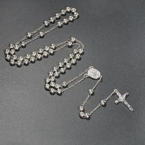 6MM Metal Beads Rosary Necklaces For Women Men Long Chain Crucifix