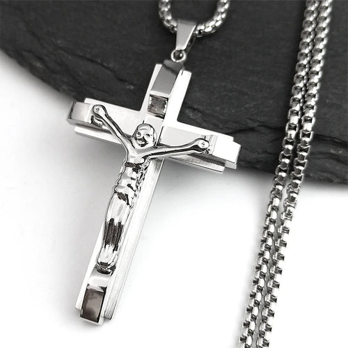 Jesus Cross Crucifix Pendant Necklace for Men Stainless Steel Gold