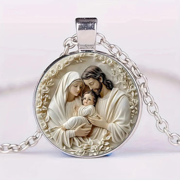 The Holy Family Glass Pendant Necklace Catholic Saint Joseph Virgin