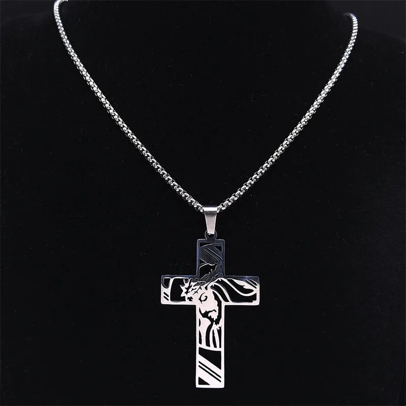 Hip Hop Punk Crown of Thorns Jesus Cross Necklace for Men Stainless