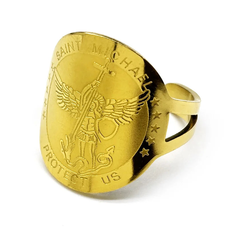 Saint Michael Protect Us Rings for Women Men Stainless Steel Gold