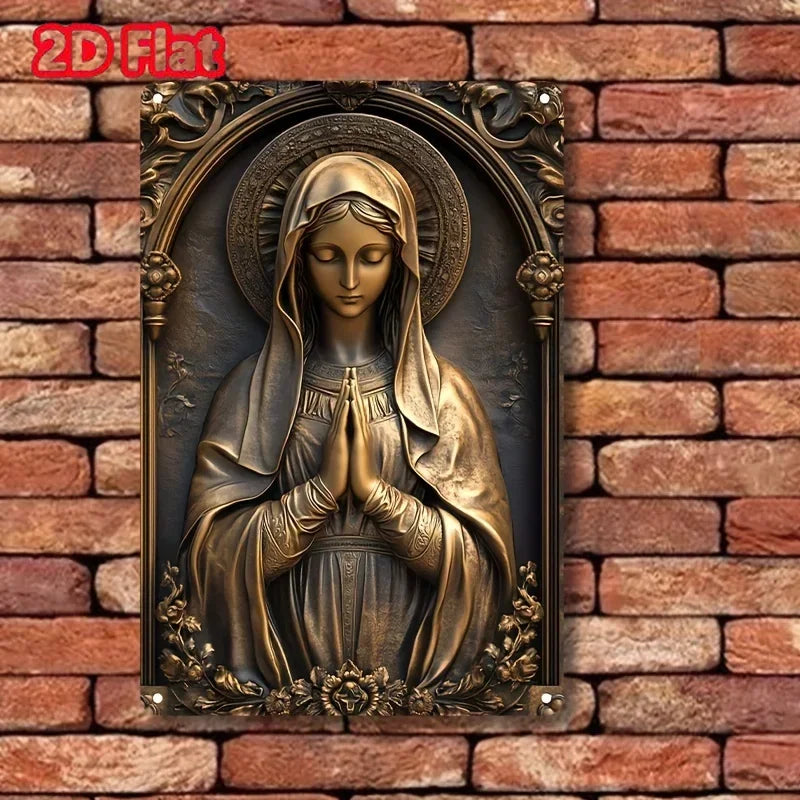 2D Painting-Vintage Bronze Virgin Mary Square Aluminum Signage -