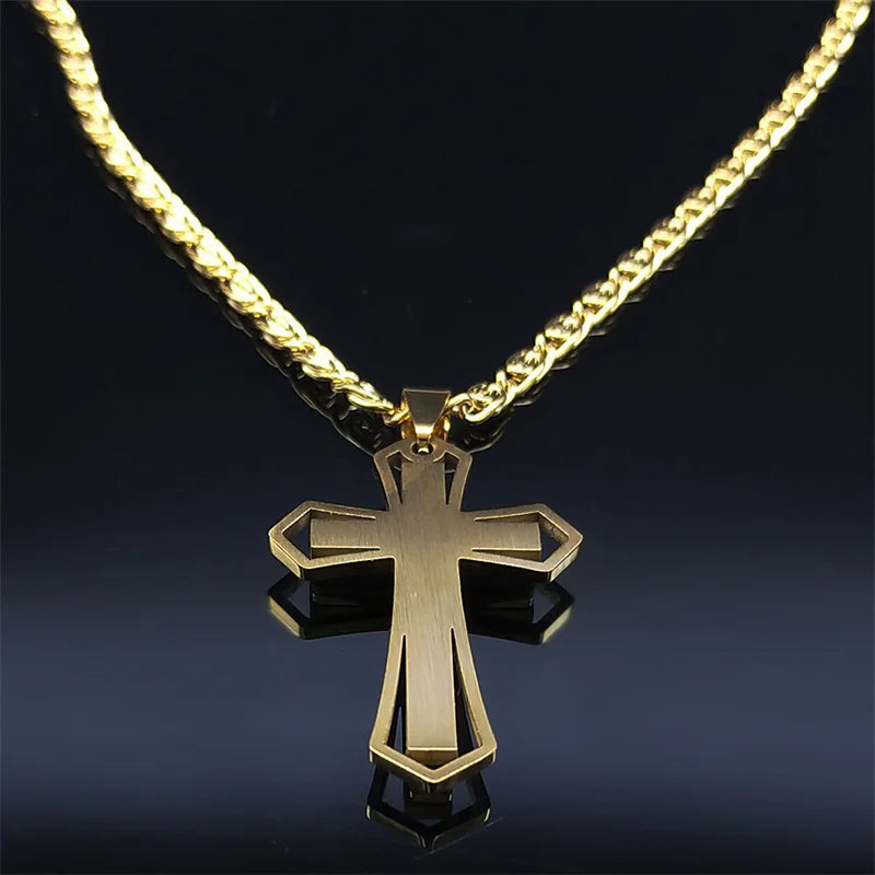 Catholic Cross Amulet Crystal Pendant Men Chain Necklace Gold Color