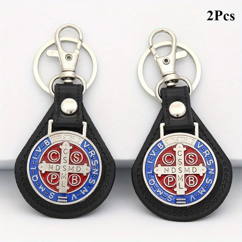 2pcs PU Leather St Benedict Pendant Key Chain Keyring Religious Jesus