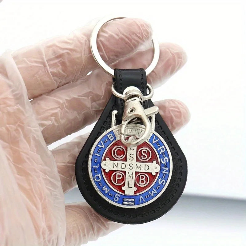 2pcs PU Leather St Benedict Pendant Key Chain Keyring Religious Jesus
