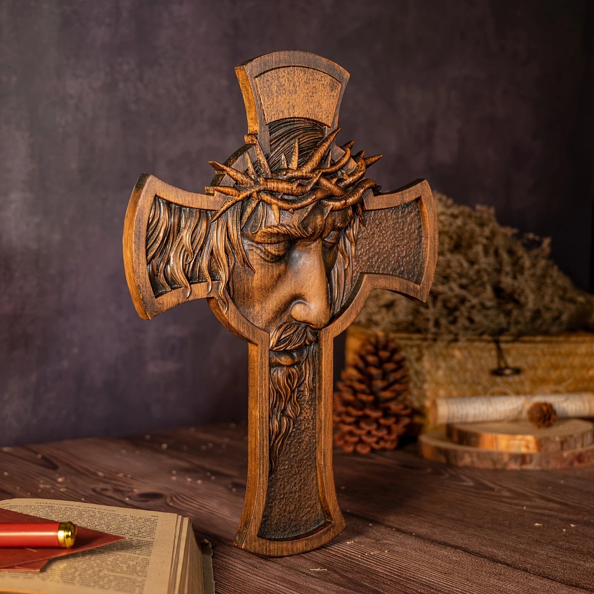 2D Flat Retro Wooden Cross Decoration with Thorn Crown Jesus Christian