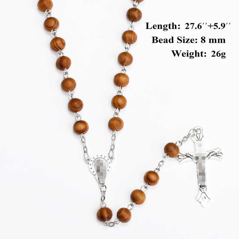 8MM Wood Rosary Beads Necklace For Women Men Catholic Jesus Christ