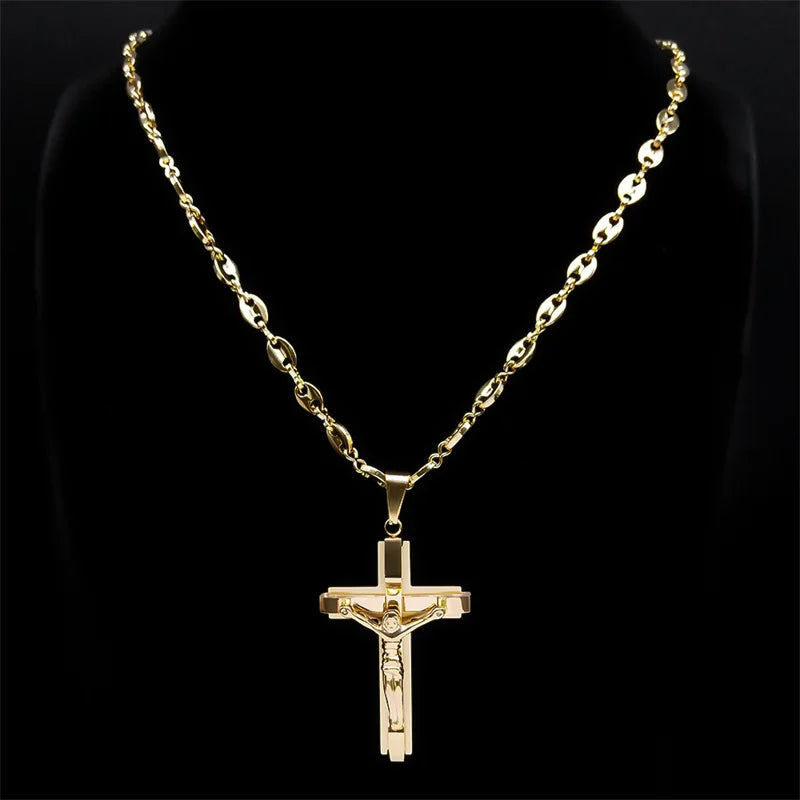 Jesus Cross Crucifix Pendant Necklace for Men Stainless Steel Gold