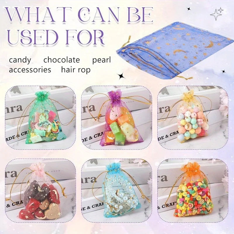 50PCS Moon Stars Drawstring Organza Bags Jewelry Gift Bags Pouches