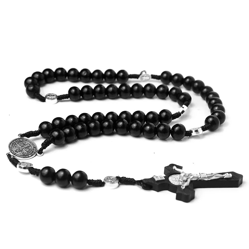 Black Handmade Wood Beads Rosary Necklace For Women Men Christian