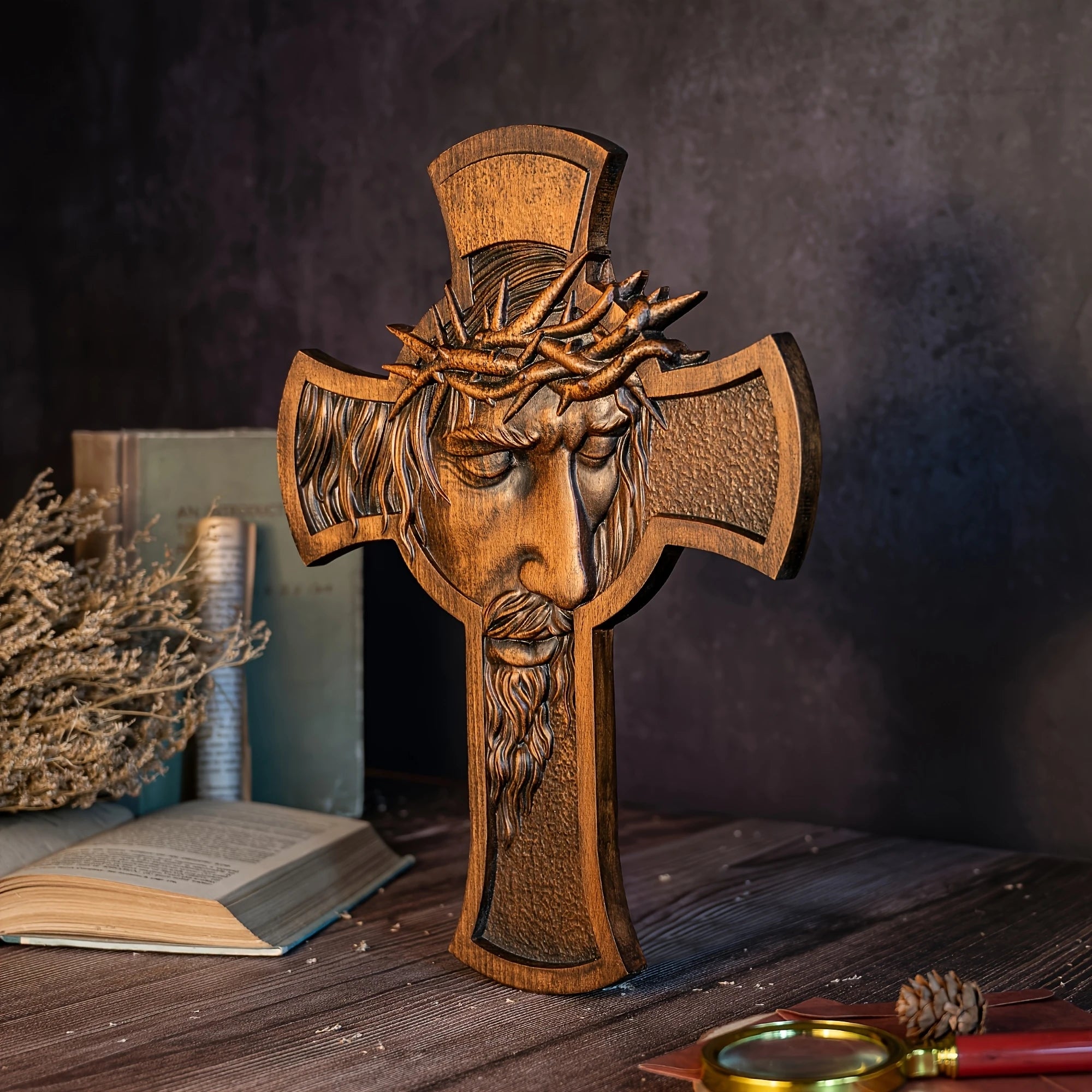 2D Flat Retro Wooden Cross Decoration with Thorn Crown Jesus Christian