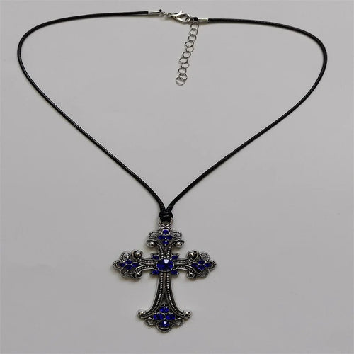 Large Detailed Rhinestone Cross Choker Spiral Hippie Necklace Goth