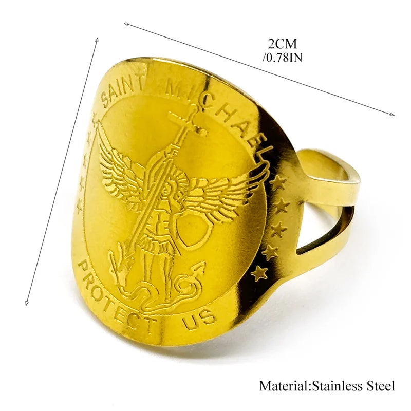 Saint Michael Protect Us Rings for Women Men Stainless Steel Gold