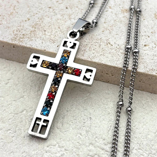Catholic Cross Amulet Crystal Pendant Men Chain Necklace Gold Color