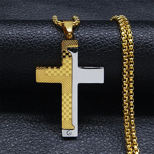 Cross Christian Church Prayer Necklace Men Stainless Steel Gold Color