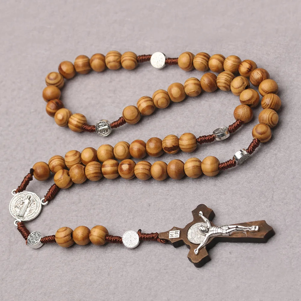 Black Handmade Wood Beads Rosary Necklace For Women Men Christian