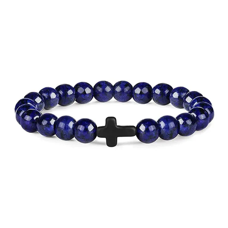 Prayer Men Natural Stone Wood Beads Rosary Hematite Cross Bracelets