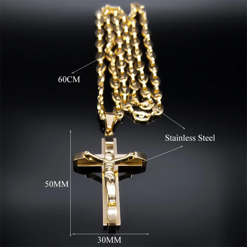 Jesus Cross Crucifix Pendant Necklace for Men Stainless Steel Gold