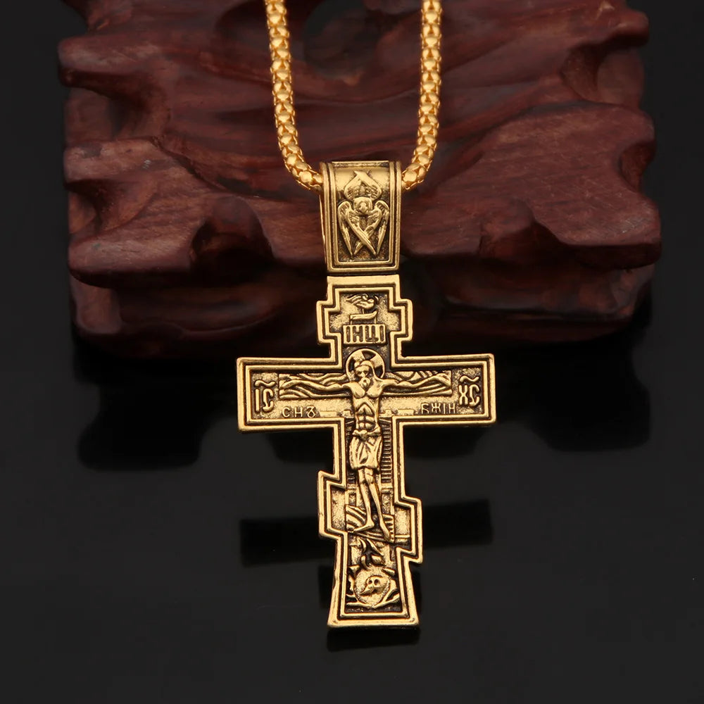 Movie John Wick Jesus Cross Necklace Crucifix Eastern Orthodox Prayer
