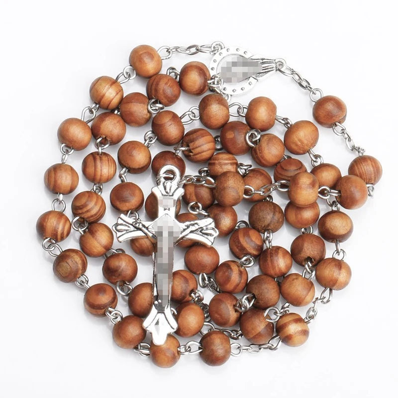 8MM Wood Rosary Beads Necklace For Women Men Catholic Jesus Christ
