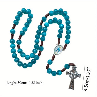 Prayer Beads Necklace Catholic Jewelry Blue Glass Beads Crucifix Charm