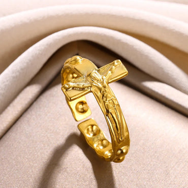 Vintage Jesus Cross Rings For Women Men Gold Color Stainless Steel