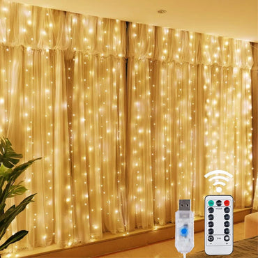 Christmas Lights LED Fairy String Curtain Lights 8 Mode Remote USB