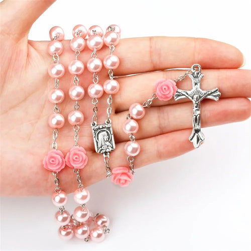 6MM Pink Rosary Necklace For Women Rose Glass Beads Chain Crucifix