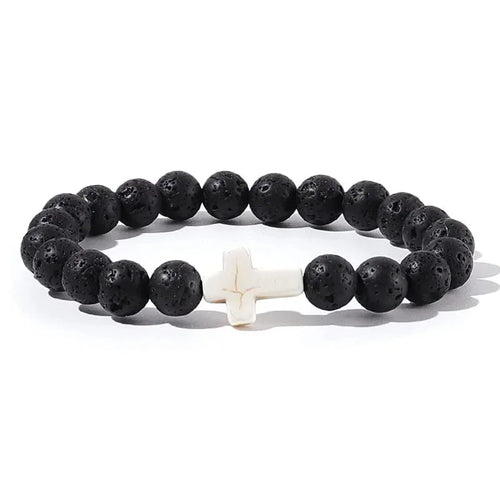 Prayer Men Natural Stone Wood Beads Rosary Hematite Cross Bracelets