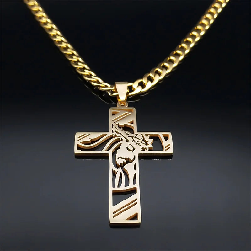 Hip Hop Punk Crown of Thorns Jesus Cross Necklace for Men Stainless