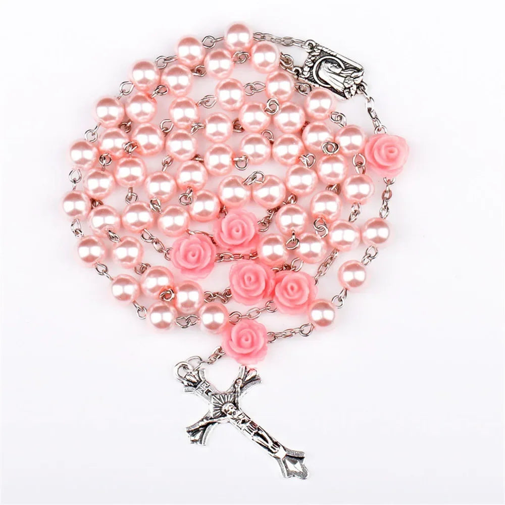6MM Pink Rosary Necklace For Women Rose Glass Beads Chain Crucifix