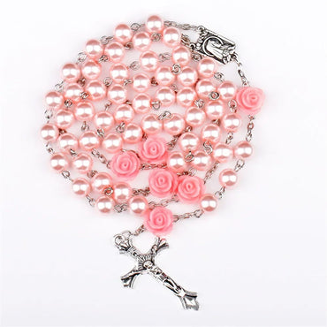 6MM Pink Rosary Necklace For Women Rose Glass Beads Chain Crucifix
