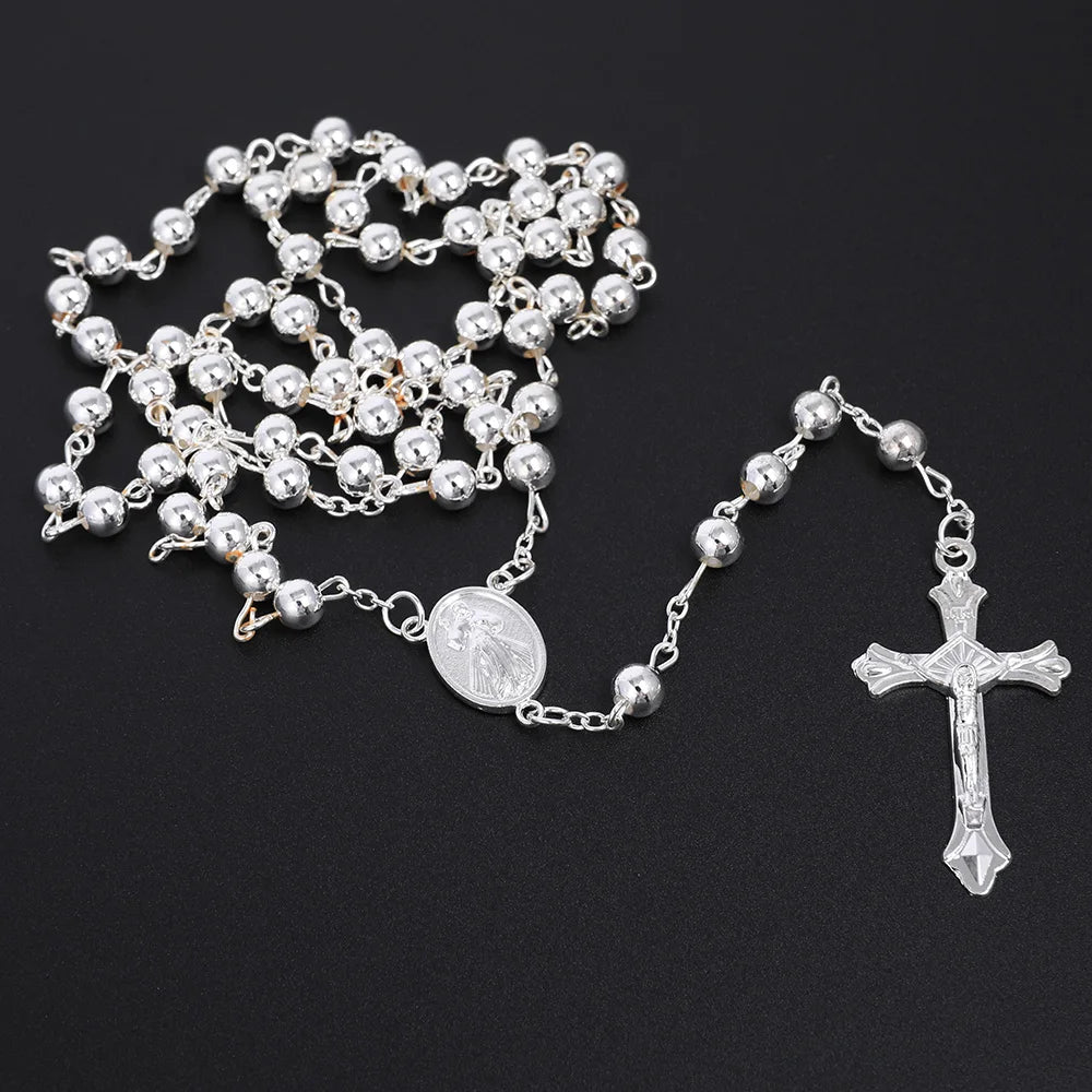 Silver Color Rosary Necklace For Women Men 6MM Metal Beads Long Chain