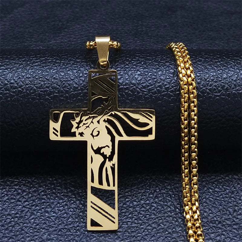 Hip Hop Punk Crown of Thorns Jesus Cross Necklace for Men Stainless
