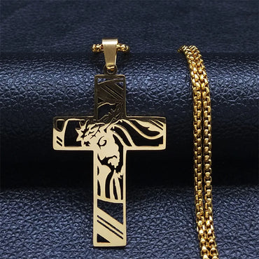 Hip Hop Punk Crown of Thorns Jesus Cross Necklace for Men Stainless