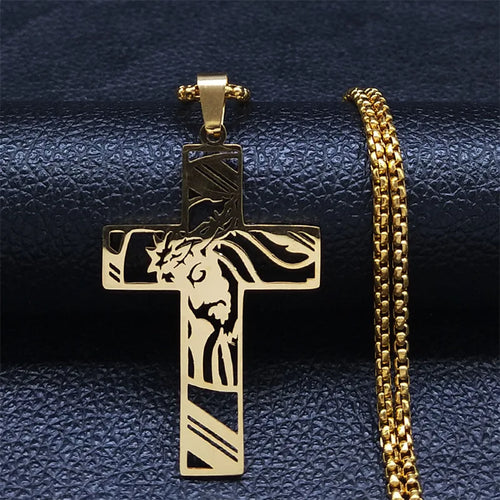 Hip Hop Punk Crown of Thorns Jesus Cross Necklace for Men Stainless